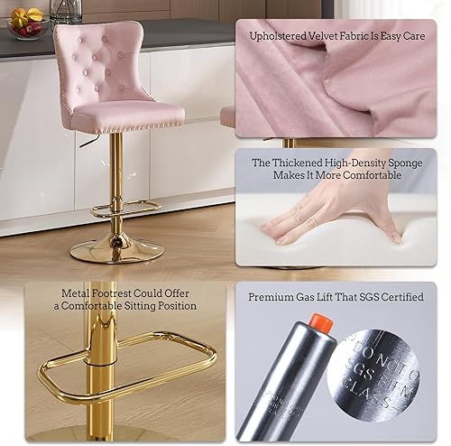 Miniatura 86 de Juego de 4 taburetes de bar giratorios ajustables de terciopelo con respaldo copetudo, ribete de cabezas de clavos y anillo de tracción, sillas de