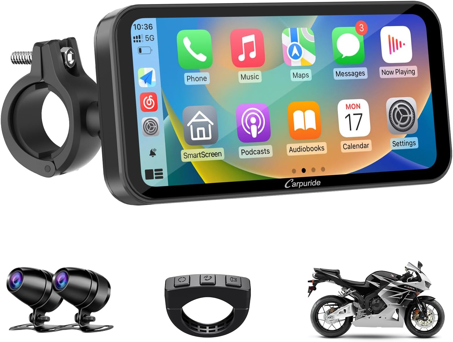 Carpuride W603D Motorcycle GPS Carplay Screen, Wireless CarPlay & Android Auto for Moto, with HD 1080P Dual Cameras, Remote Control,6.3" Waterproof Touchscreen, BT Aduio, Loop