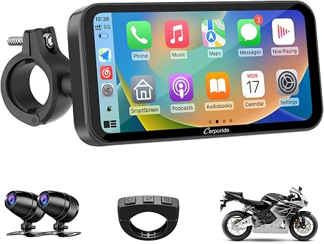 Carpuride W603D 6.3" Motorcycle GPS Carplay Screen with 1080P Dual Cameras | Wireless CarPlay & Android Auto for Moto, Remote Control, Waterproof Touchscreen, BT Audio, Loop