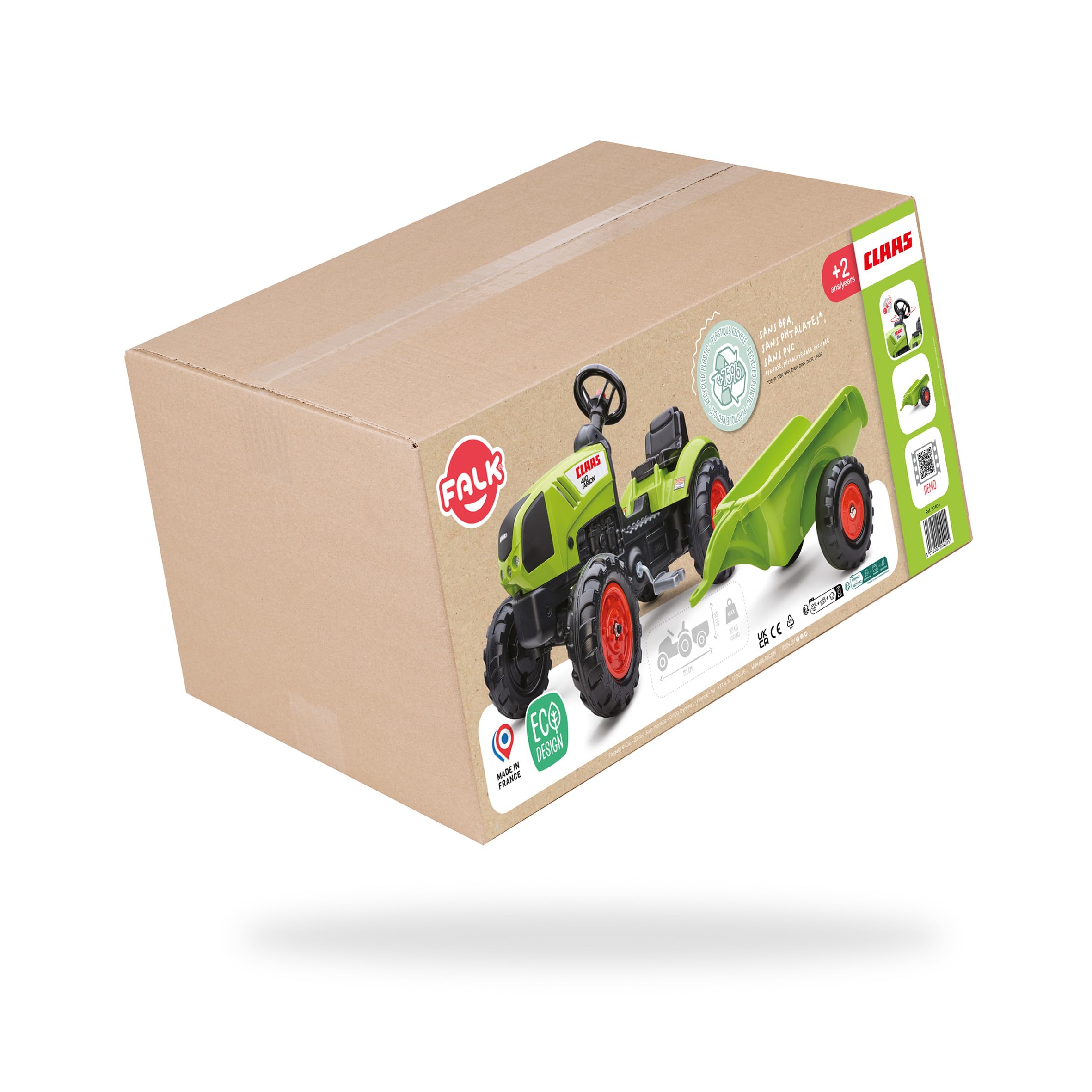 Falk - Tractor de Pedales Claas con Remolque - A Partir de 2 años - Fabricado en Francia - Volante direccional con bocina - 2040A