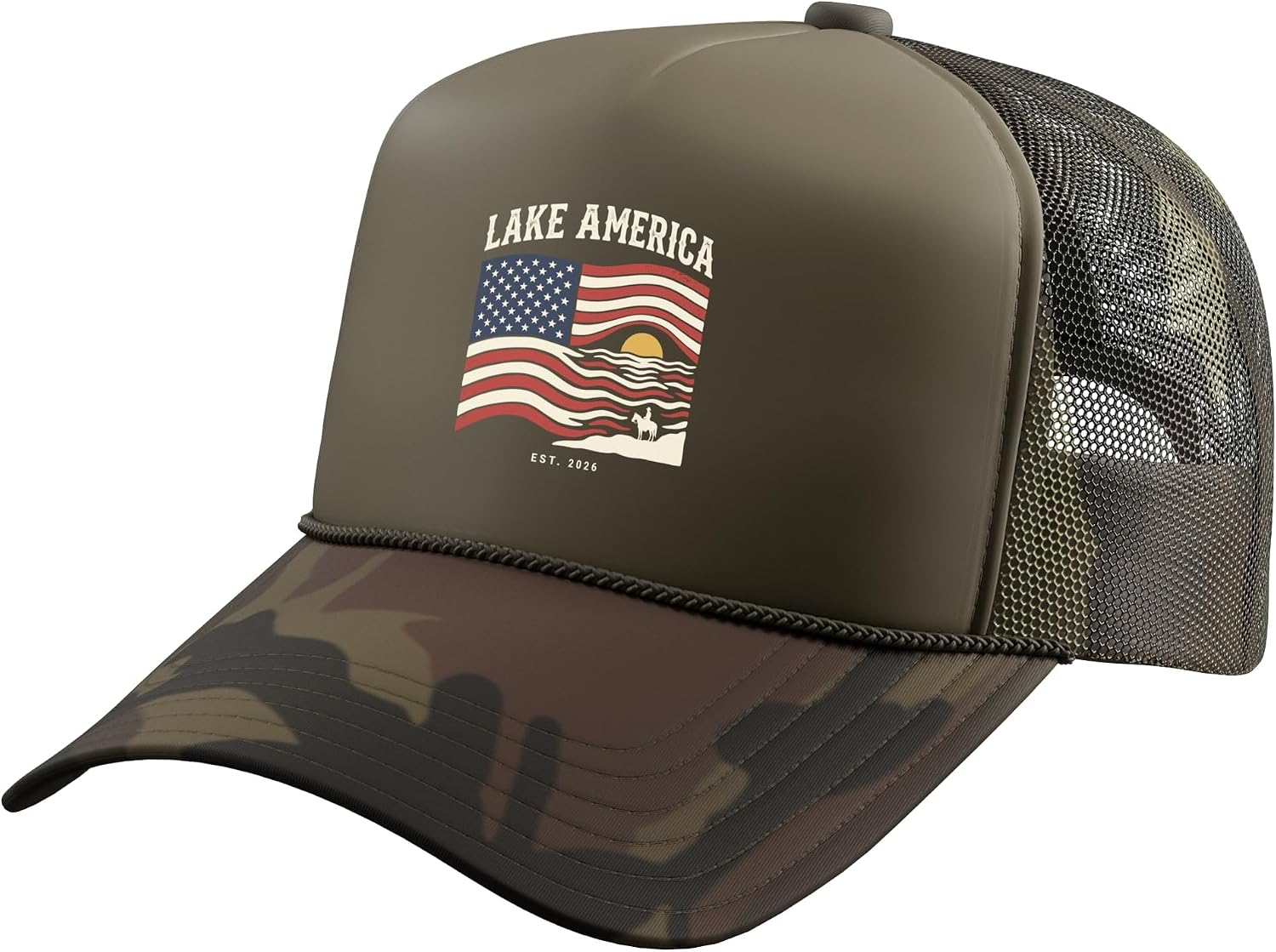 Lake America Est 2026 Funny Sunset Lake Ontario Meme Flag Trucker Hat with Adjustable Mesh Back