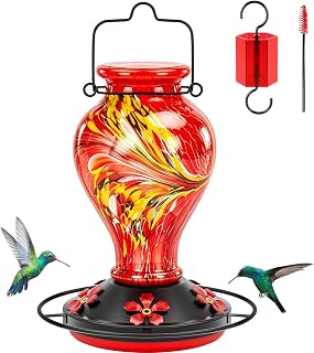 Hand Blown Glass Hummingbird Feeder for Outdoors, 23 Oz Red Humming Bird Feeder with Ant Moat, 4 Bee-Resistant Ports, 360° Perch, Thick Leak-Proof Metal Base, Garden Décor Gifts for Women