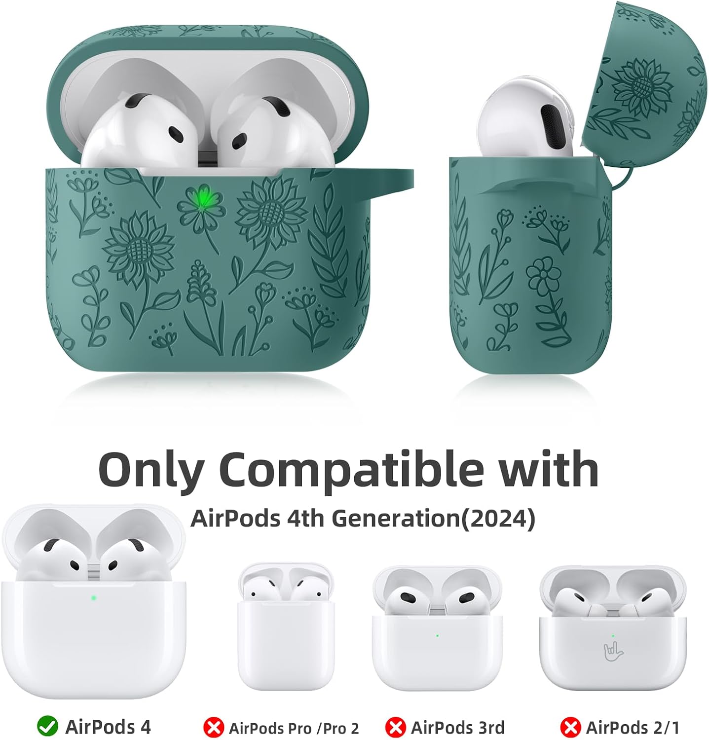 for Airpods 4 Case, DaQin Flower Engraved Case Compatible with Apple Airpods 4th Generation Cases for Women, Cute Soft Silicone Full Protective Cases Cover with Cleaner Kit & Keychain, PineGreen