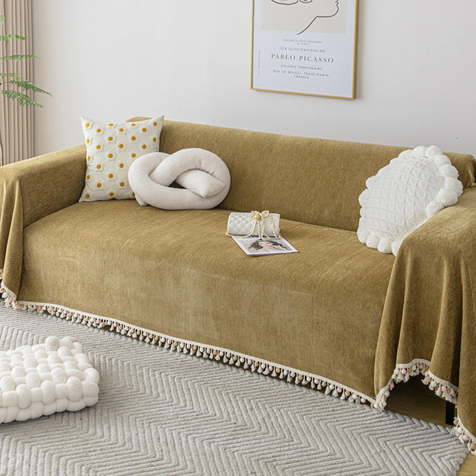 Housse de canapé imperméable en chenille laiton 180x400 cm pour grand canapé 3 places