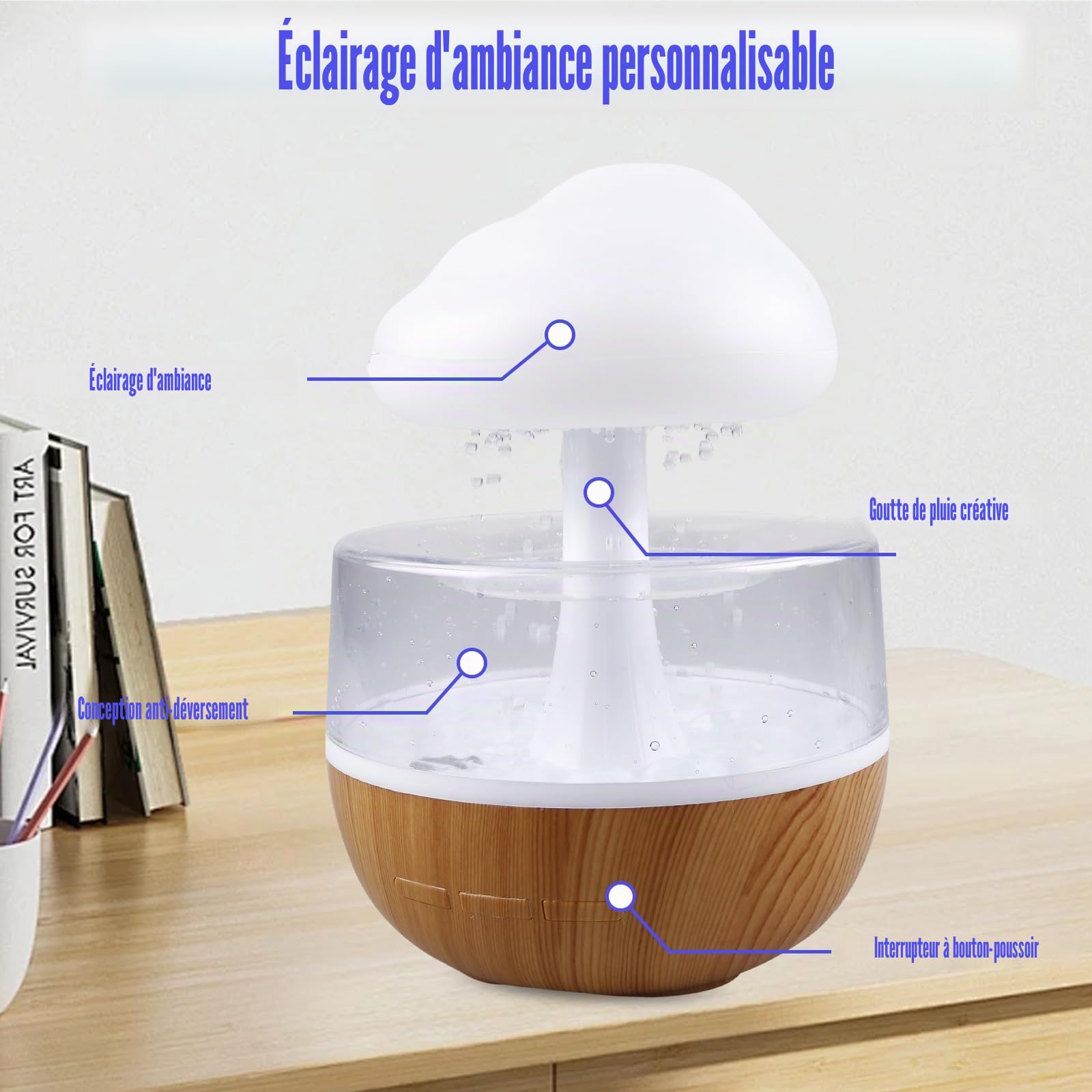Nuages de pluie Humidificateur avec veilleuse : fontaine à eau nuageuse 3 en 1, diffuseur d'huiles essentielles, 7 couleurs veilleuse, bureau, table