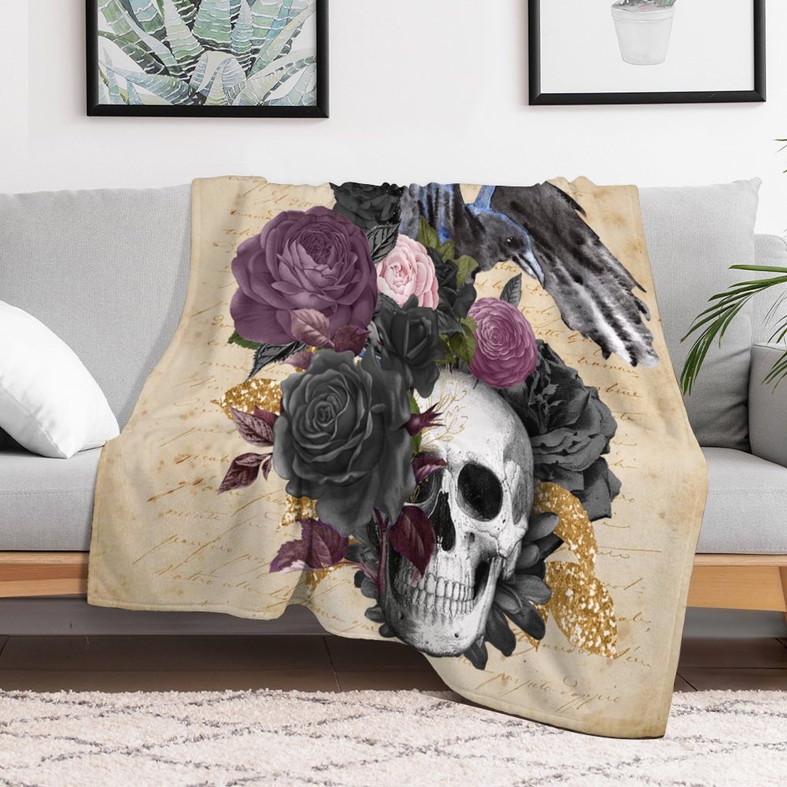 CustonCares Skull Skeleton And Crow Rose Fleece Throw Blanket Halloween Day of Dead Blanket Soft Fuzzy Plush Cozy Decor for Sofa Bed Couch Chair Or Dorm 60"x80"