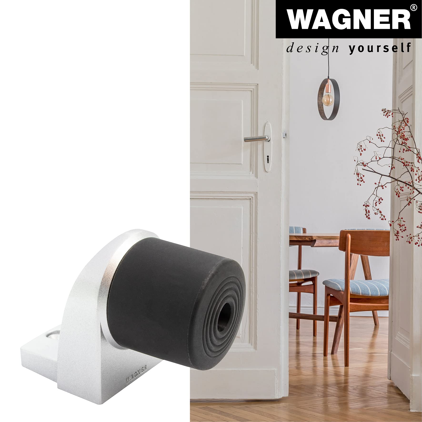 WAGNER Fermaporta BACK DOOR - 94 x 52 x 68 mm I Fermaporta a pavimento da avvitare indoor e outdoor I Fermaporta pesante in zinco pressofuso effetto alluminio con paracolpo in plastica - 15500111