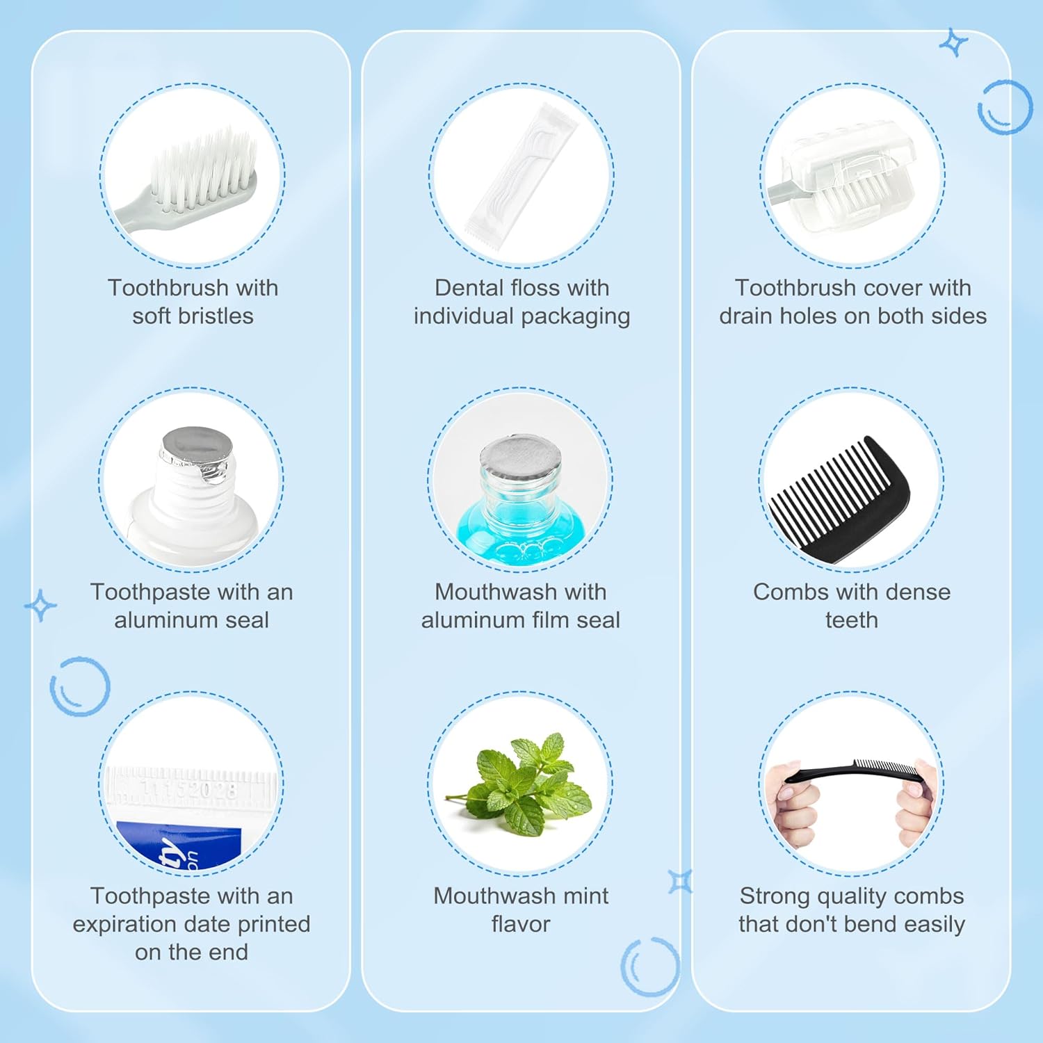 Travel Toothbrush Kit Bulk, Hygiene Kit Bulk with Toothbrush Toothpaste Set, Floss Picks, Comb, Travel Mouthwash, Toothbrush Cover, Individually Packaged, for Travel, Hotels (12-Pack)