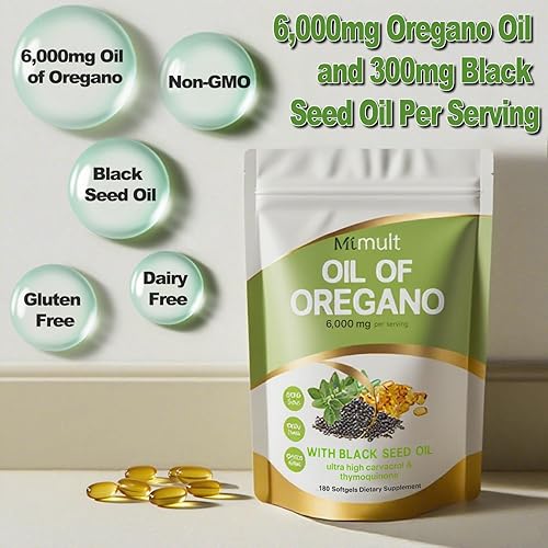 Miniatura 3 de Mtmult Aceite de orégano con aceite de semilla negra 6000 mg y moringa, aceite de orégano, cápsulas de aceite de orégano, píldoras de aceite de