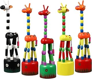 Wooden Cute Colorful Giraffe Push Puppets, Dancing Rocking Giraffe, Finger Puppets Wooden Push Up Toys, for Animal Party Favors and Home Kids Room Decoration 5 Pieces (Random Style)