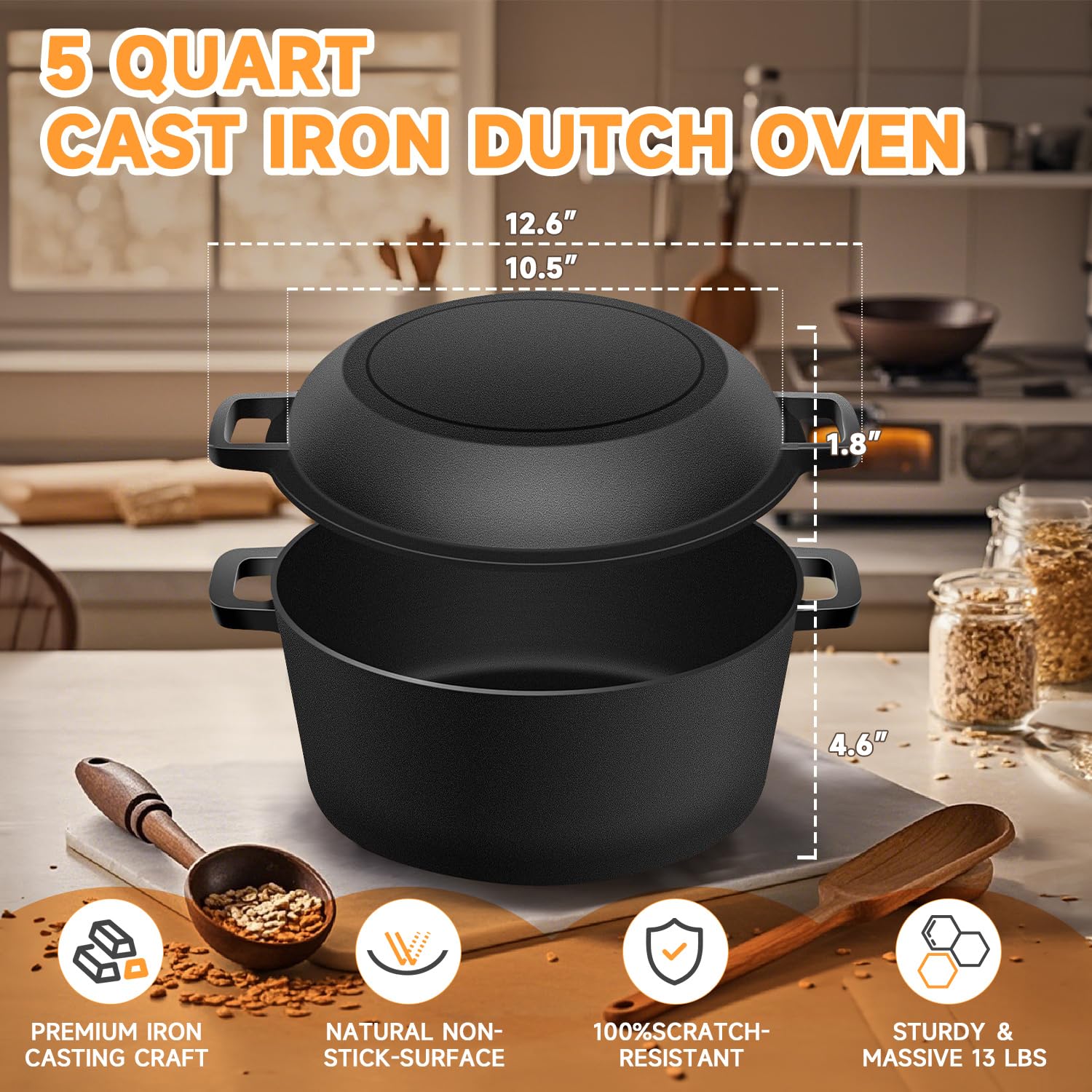 Dutch Oven Brotbackset aus Gusseisen, 10-teiliges Set mit Banneton-Korb, Teigschaber, Pizzaschaufel, Brotlame, Schneebesen, Bürste und Silikongriffen mit Bratpfannendeckel, Kochpfannengriffen, Lame,