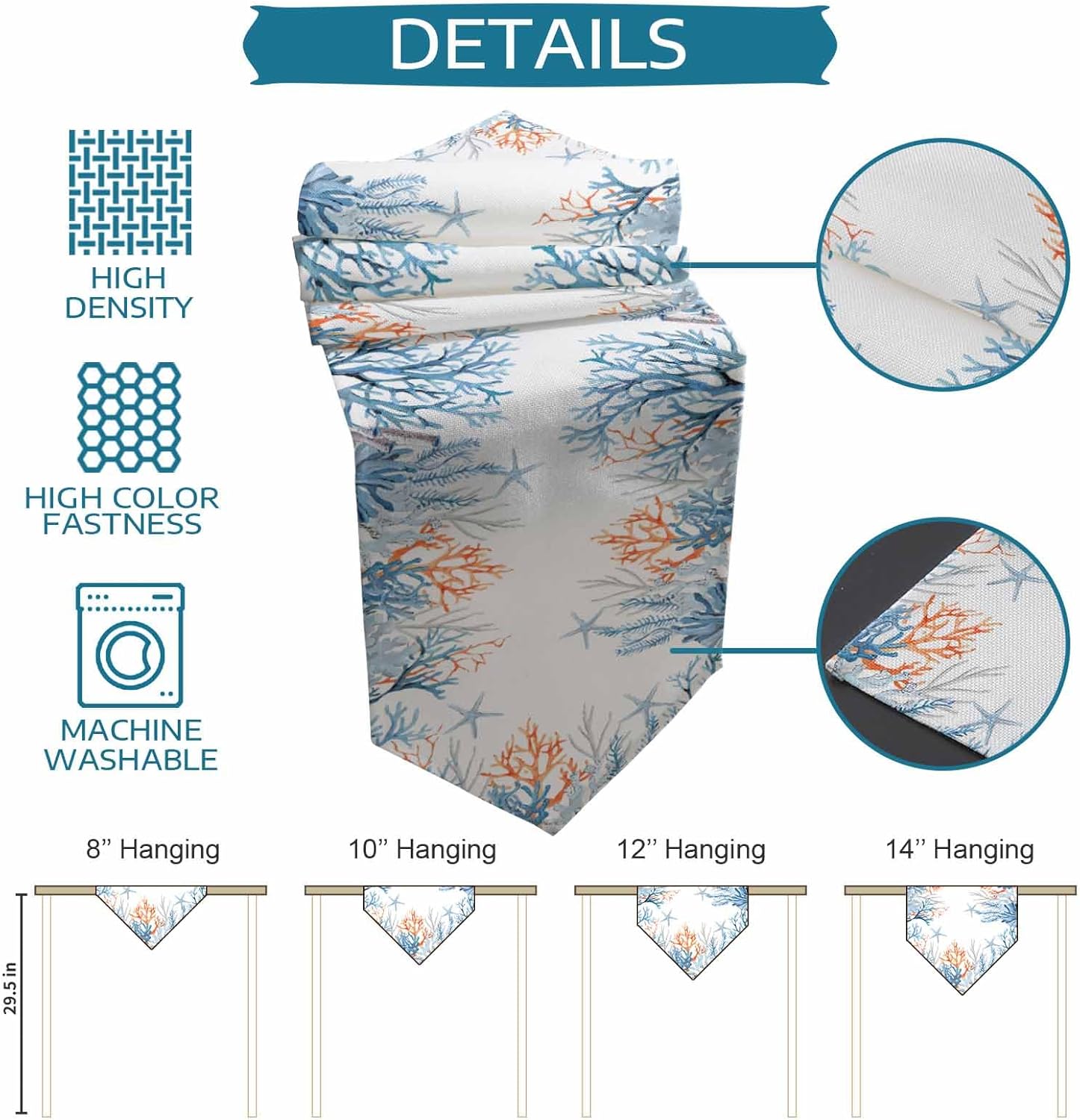 Table Runner Ocean Coral Seagrass Farmhouse Underwater World Non-Slip Table Runners 120" L, Heat Protection Table Protector for Kitchen Dining Table Decor