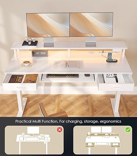 Miniatura 5 de OffiGo Escritorio eléctrico de pie con cajones y bandeja para teclado, escritorio ajustable de altura de 55 pulgadas con tomas de corriente y luces
