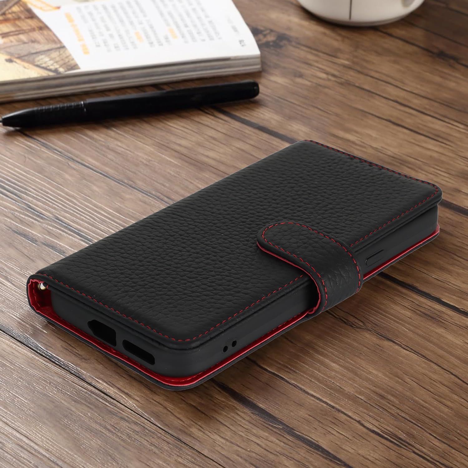 Zouzt Case for Google Pixel 10 and Pixel 10 Pro Genuine Leather Wallet Case with 4 Card Slot, RFID Blocking Card Holder Magnetic Flip Folio Shockproof Phone Cover Women Men- Black & Red