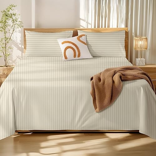 Cottington Lane 4 Piece Family King Size Sheet Set 120 x 80, Luxury Hotel Quality 100% Egyptian Cotton Bed Sheets with 16 Inch Deep Pocket Snug Fit Smooth Sateen Weave, Ivory Stripe