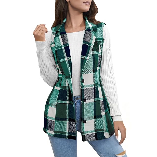 Womens Plaid Vest Trench Coat Sleeveless Blazer Jacket Cardigan Coats Fall Jackets Dressy Casual Suit Jackets 2025