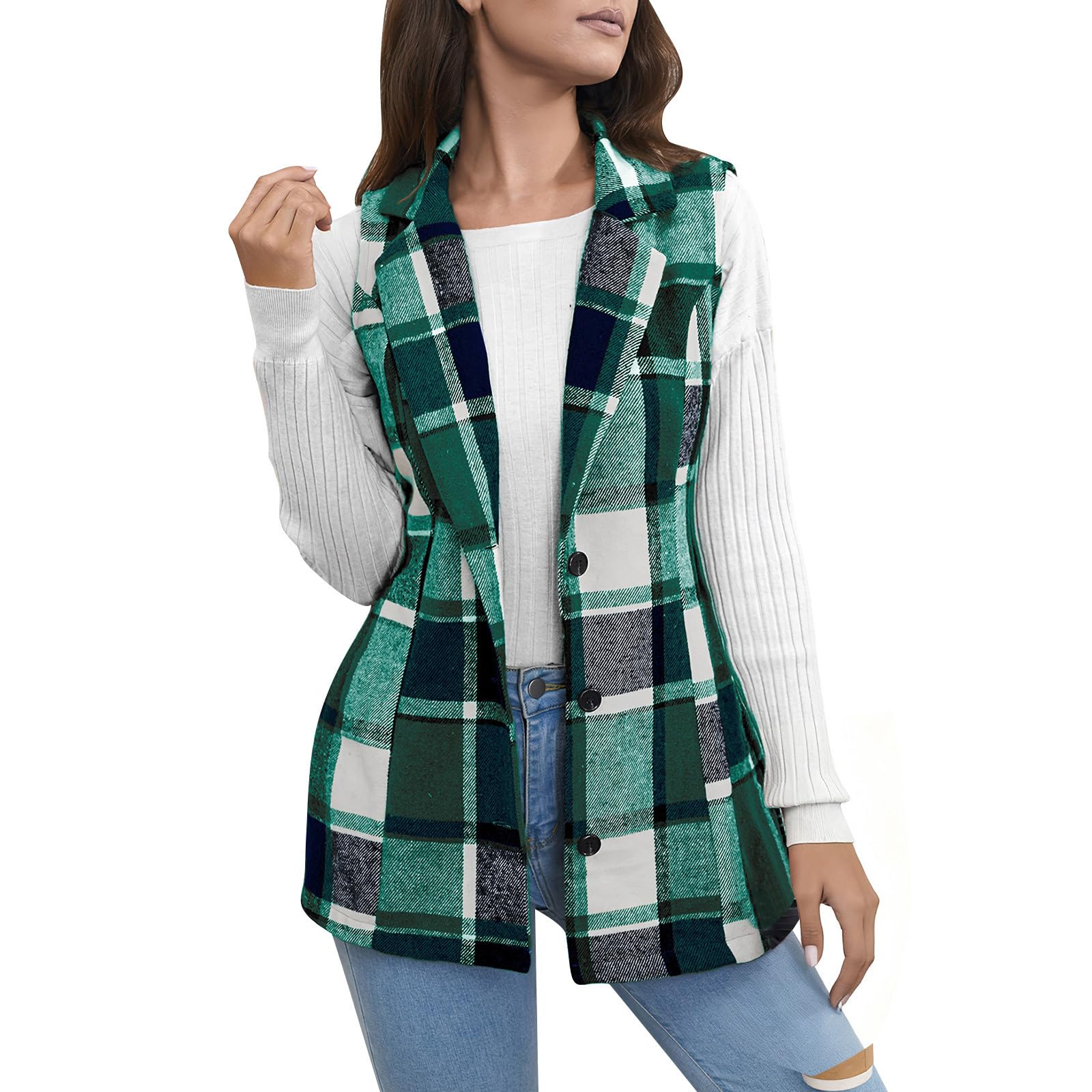 Womens Plaid Vest Trench Coat Sleeveless Blazer Jacket Cardigan Coats Fall Jackets Dressy Casual Suit Jackets 2025