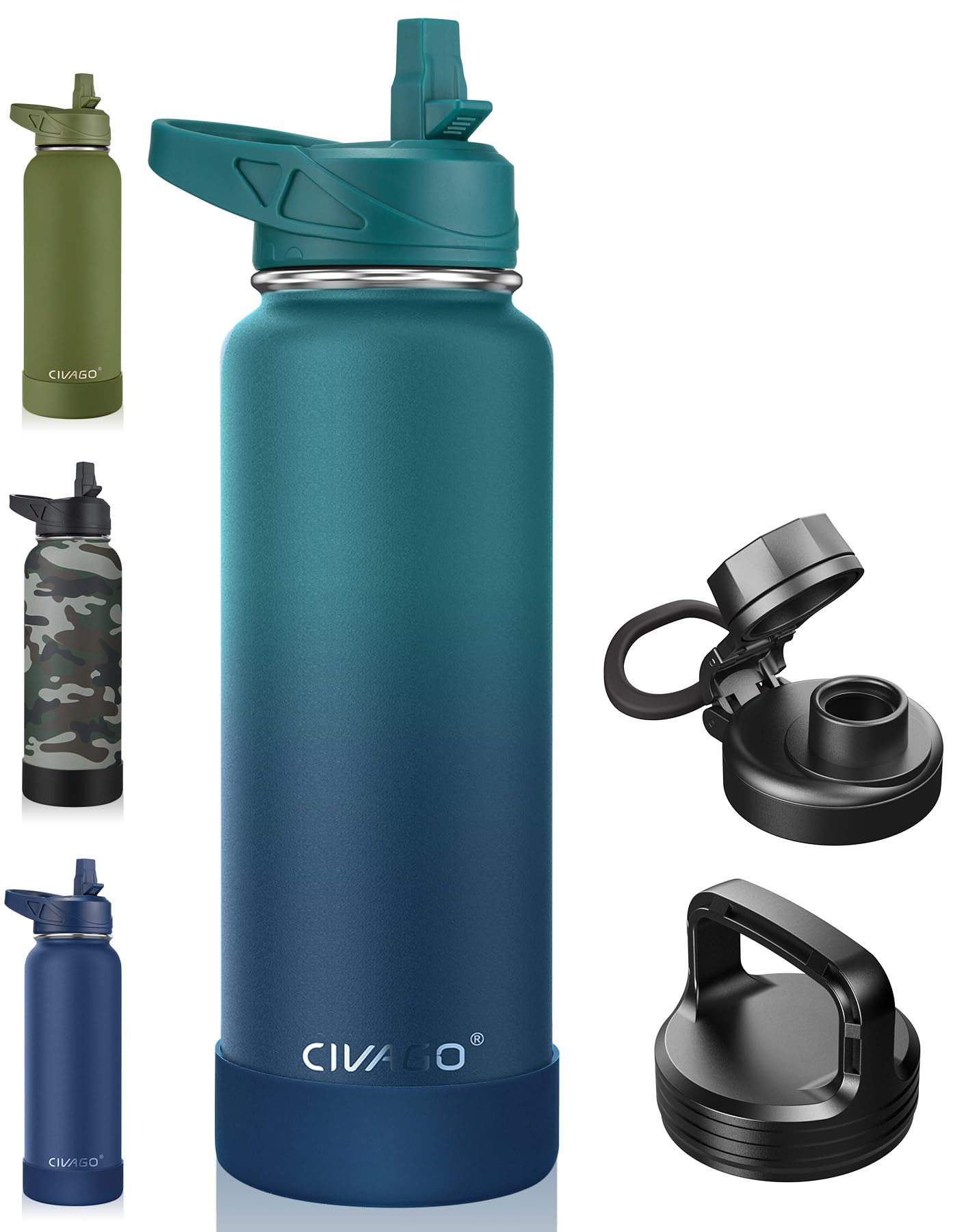 CIVAGO 40 oz Insulated Stainless Steel Water Bottle With Straw and 3 Lids | Large Metal Sports Water Jug Leakproof Reusable Wide Mouth Thermal Flask Cup with Silicone Boot, BPA-Free, Dark Night