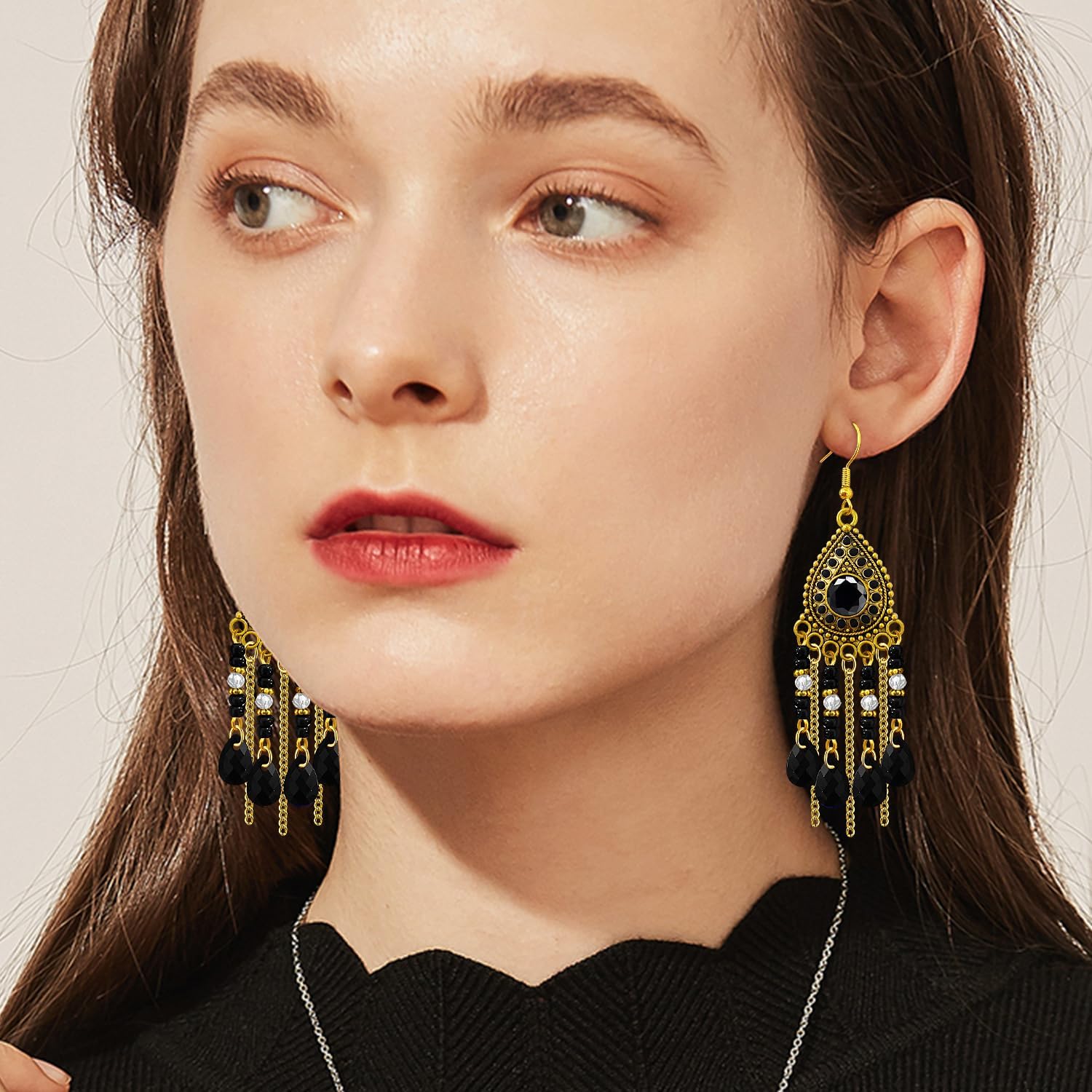 Bohemian Dainty Vintage Gold Crystal Teardrop Chandelier Lightweight Dangle Drop Earrings Retro Alloy Chain Fringe Hook Earrings For Women Jewelry Gifts - Image 4