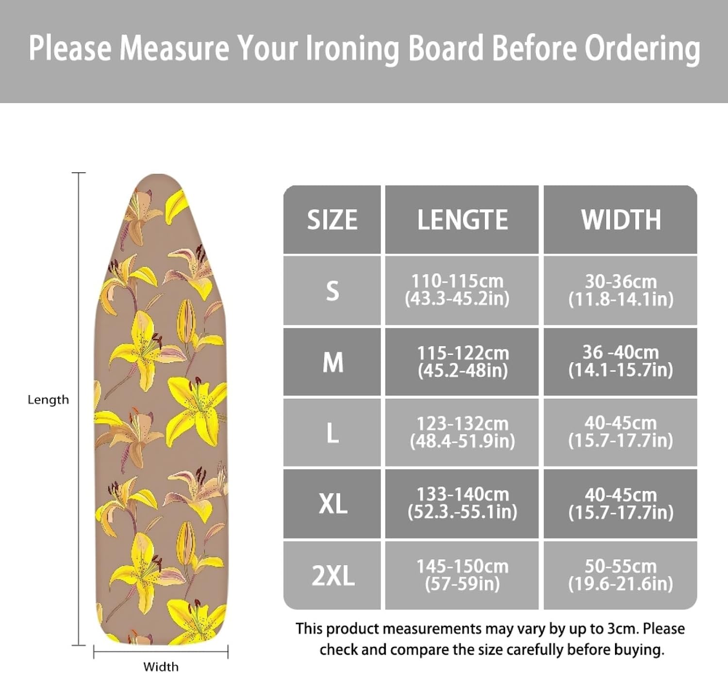 Padded Ironing Board Covers 18 X 49 Yellow Flower Grey Ironing Board Pad and Cover Thick Replacement Drawstring Tightening & Lock, Easy Fit, Scorch & Stain Resistant, Non Slip