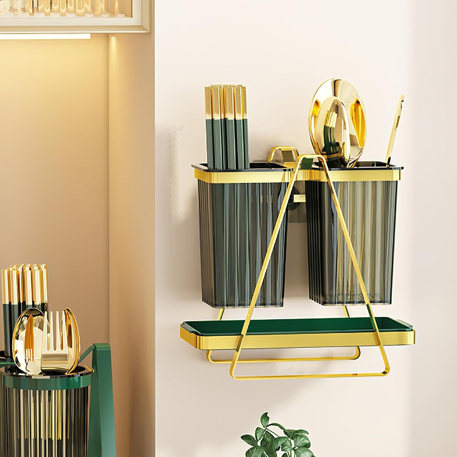 BESPORTBLE Wall Mount Chopstick Holder and Cutlery Draining Rack, Multifunctional Kitchen Utensil Storage Container in Gold, Reusable Utensil Organizer for Countertop and Wall, Daily Use