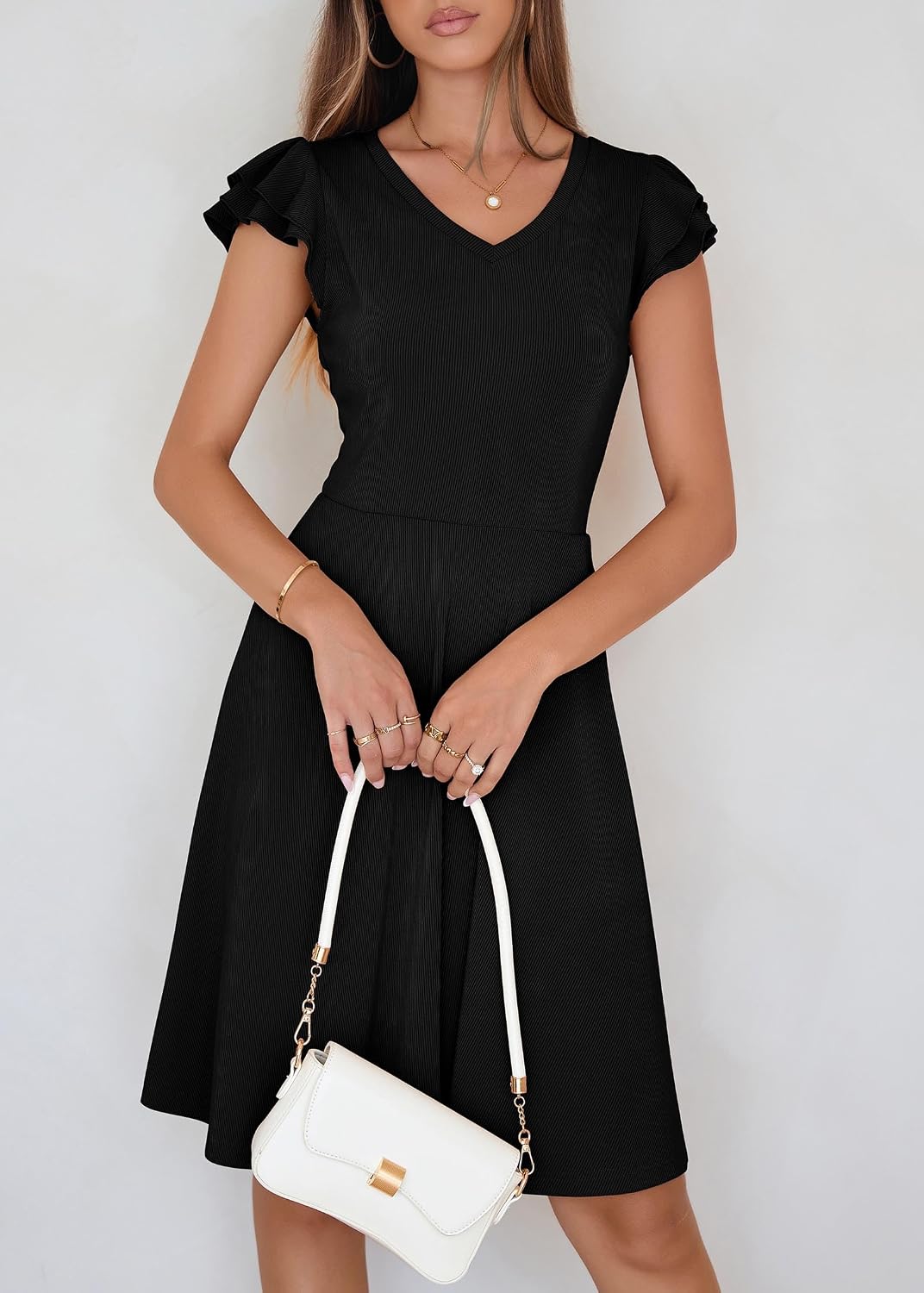 Lazysmile Summer Dresses for Women Ruffle Short Sleeve V Neck A Line Swing Ribbed Knit Casual Mini Short Dress