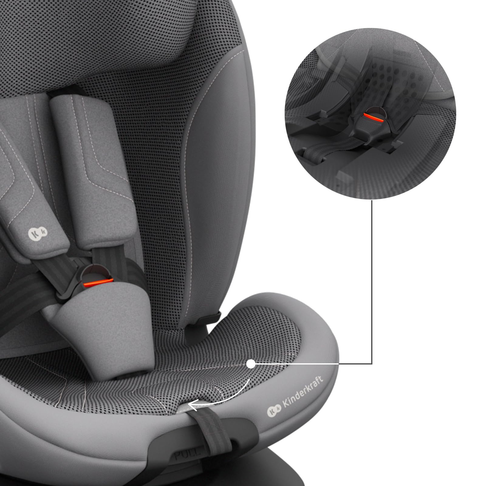 Kinderkraft I-360 2 PRO, fotelik samochodowy i-Size 40–150 cm, obracany 360°, ISOFIX, tyłem i przodem, H-GUARD+, SPS+, EASY SPIN PRO, EASY GROW, od narodzin do 12 lat, Szary