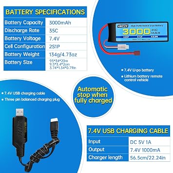 7.4V 3000mAh 35C 2S T-Plug Lipo Battery with USB Charging Cable for RC Car,Truck Model Car,Remote Control Boat,RC Quadcopter Qircraft,FPV Drone Battery