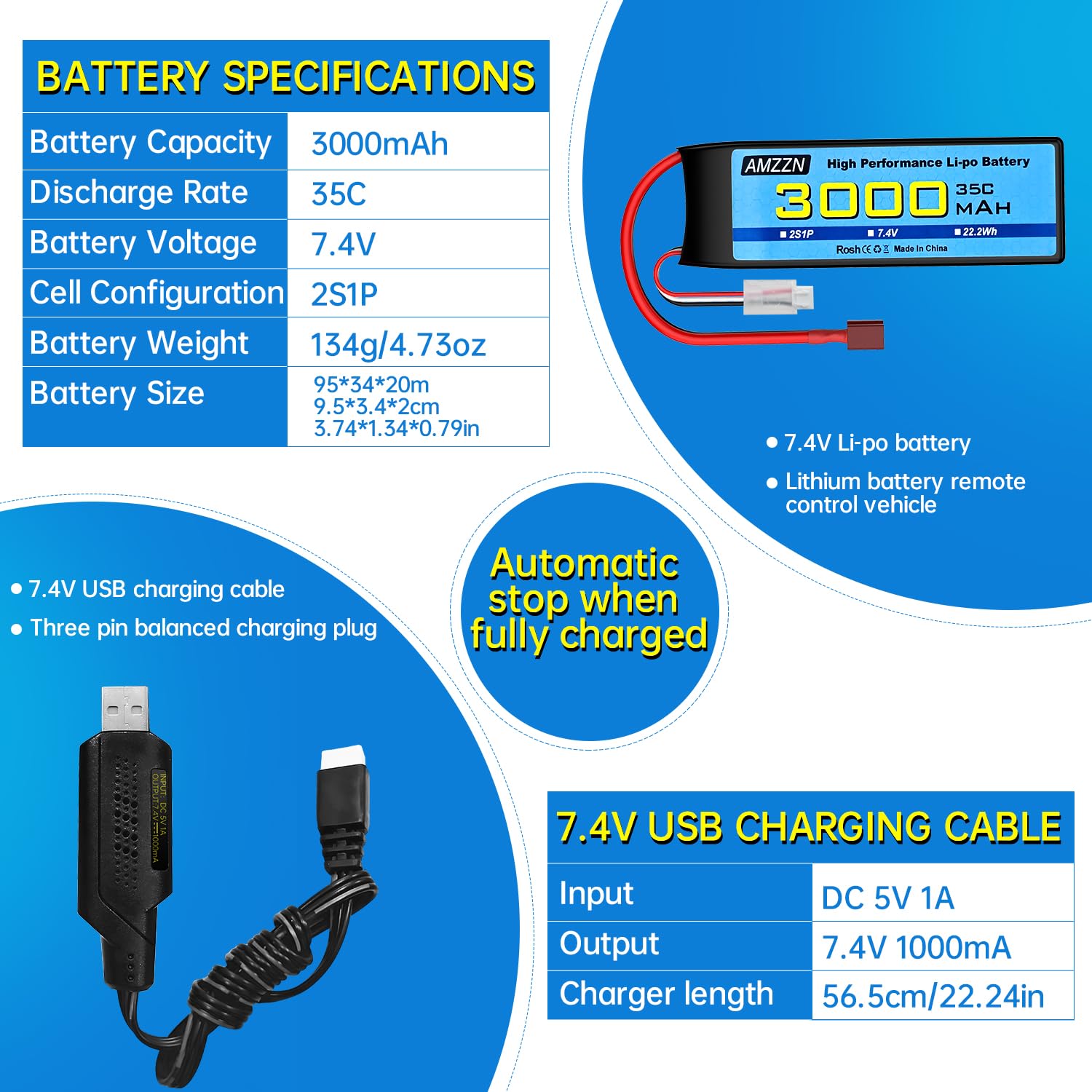 2 Stück 2S T-Stecker Lipo Batterie 7.4 V 3000mAh 35C mit USB-Ladekabel für RC Auto, LKW, Automodelle, ferngesteuerte Schiffe, RC Quad-Rotor, FPV-Drohnenbatterien