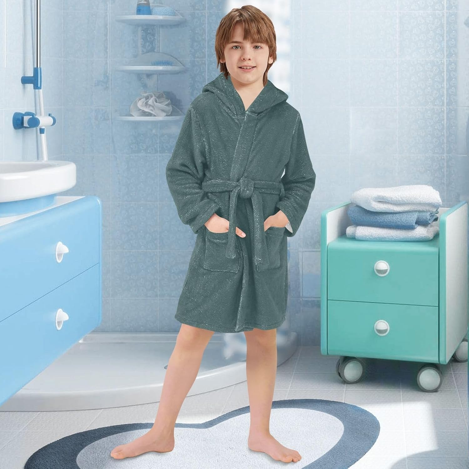 ODAWA Dark Slate Gray Kids Bathrobe, Soft Plush Hooded Towel Robe for Boys Girls, Quick Dry Absorbent Bath Wrap