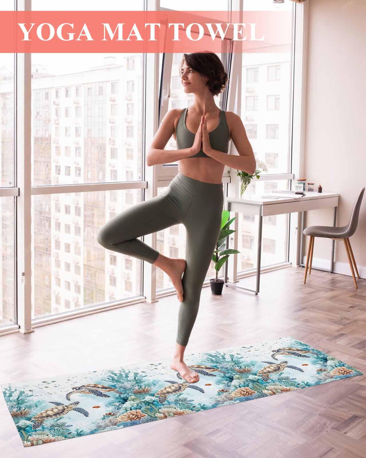BOSIJOY Yoga Mat Towel,Ocean Coral Sea Turtle Seaweed Non Slip Sweat Absorbent Hot Yoga Towels with Corner Pockets,Marine Underwater World Soft Microfiber Towel for Pilates Bikram 74