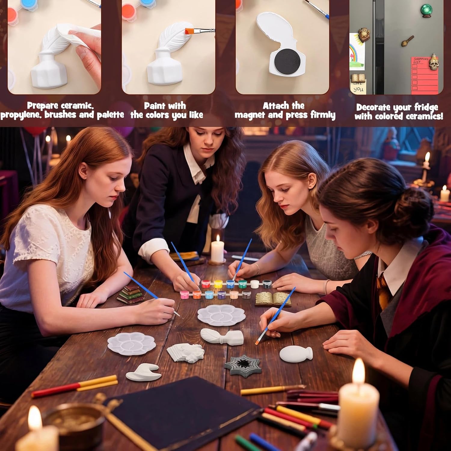 Simgoing 24 Pcs Ready to Paint Ceramic Wizard Magical Ornaments Unpainted DIY Ceramic Painting Kit with 24 Acrylic Paints 4 Paint Brushes 2 Palettes for Wizard Party Paintable Figurines, 12 Styles