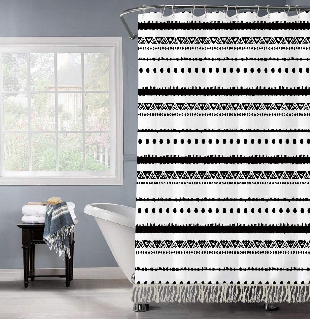 GALMAXS7 Boho Shower Curtain Black White Modern Fabric Shower Curtains for Bathroom Chic Tribal Geometric Striped Decor Polyester Bath Curtain Set with Hooks Heavy Duty Waterproof 72''x72'',Tassel