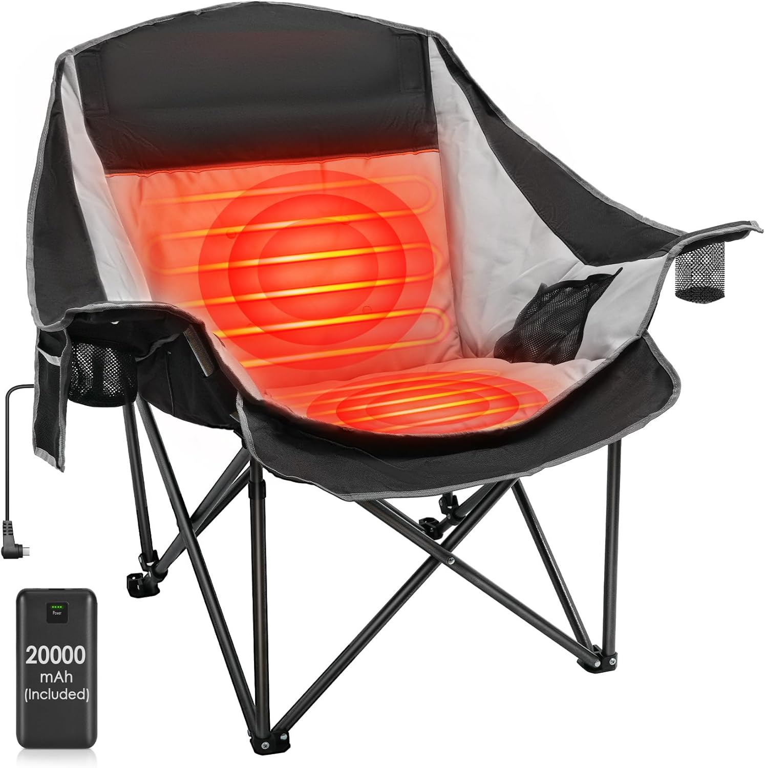 Suteck Heated Camping Chair with 20000mAh Battery, Oversized Heated Chairs W/3 Heat Levels & 2 Heating Zones, Portable Heated Folding Chair Use for Outdoor Sports, Camping, Lawn