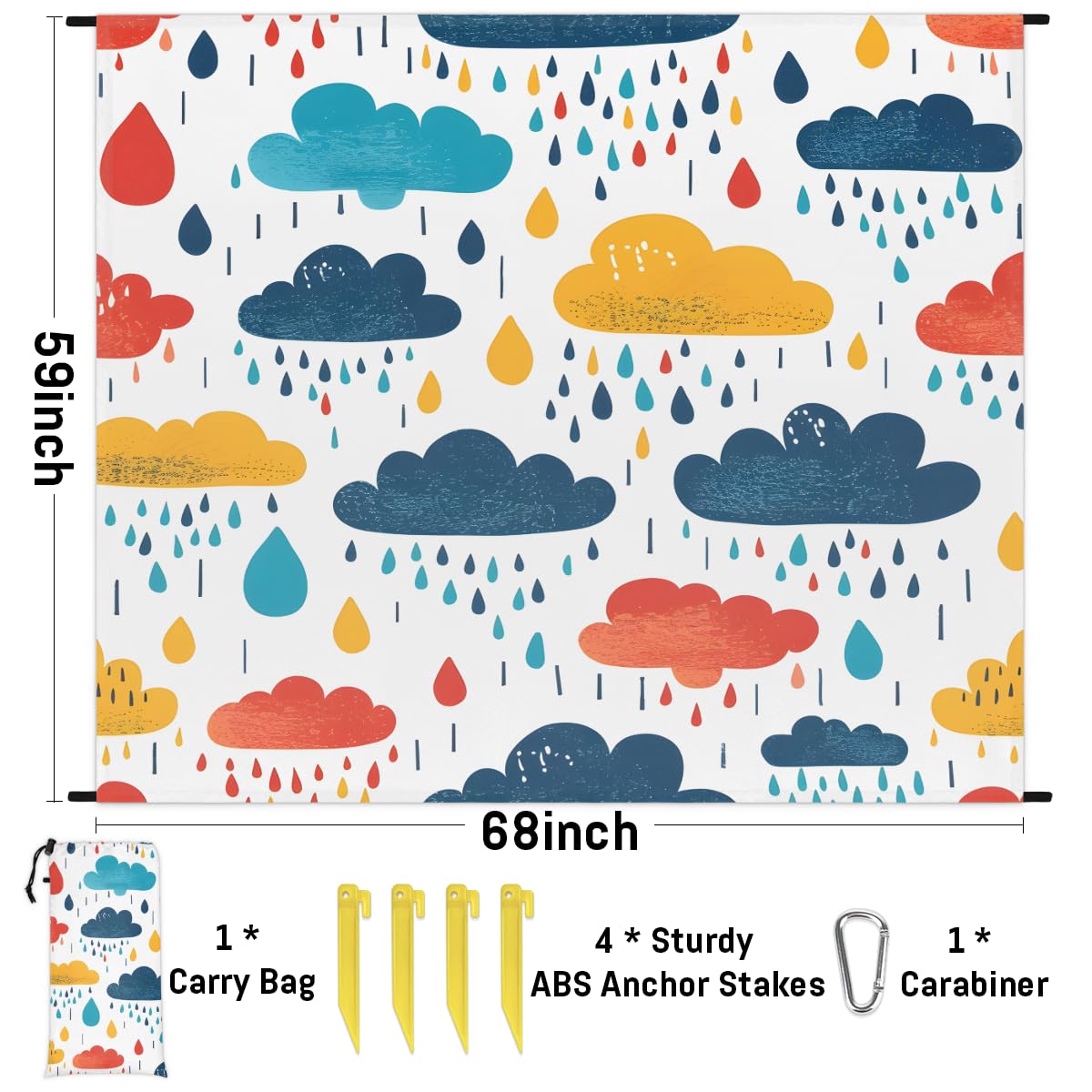 Eabrults Waterproof Sandproof Beach Blanket, 59''×68'' Rainbow Clouds Polyester Outdoor Picnic Blanket with 4 Stakes & Storage Bag for Beach,Camping,Vacation Multi-Color