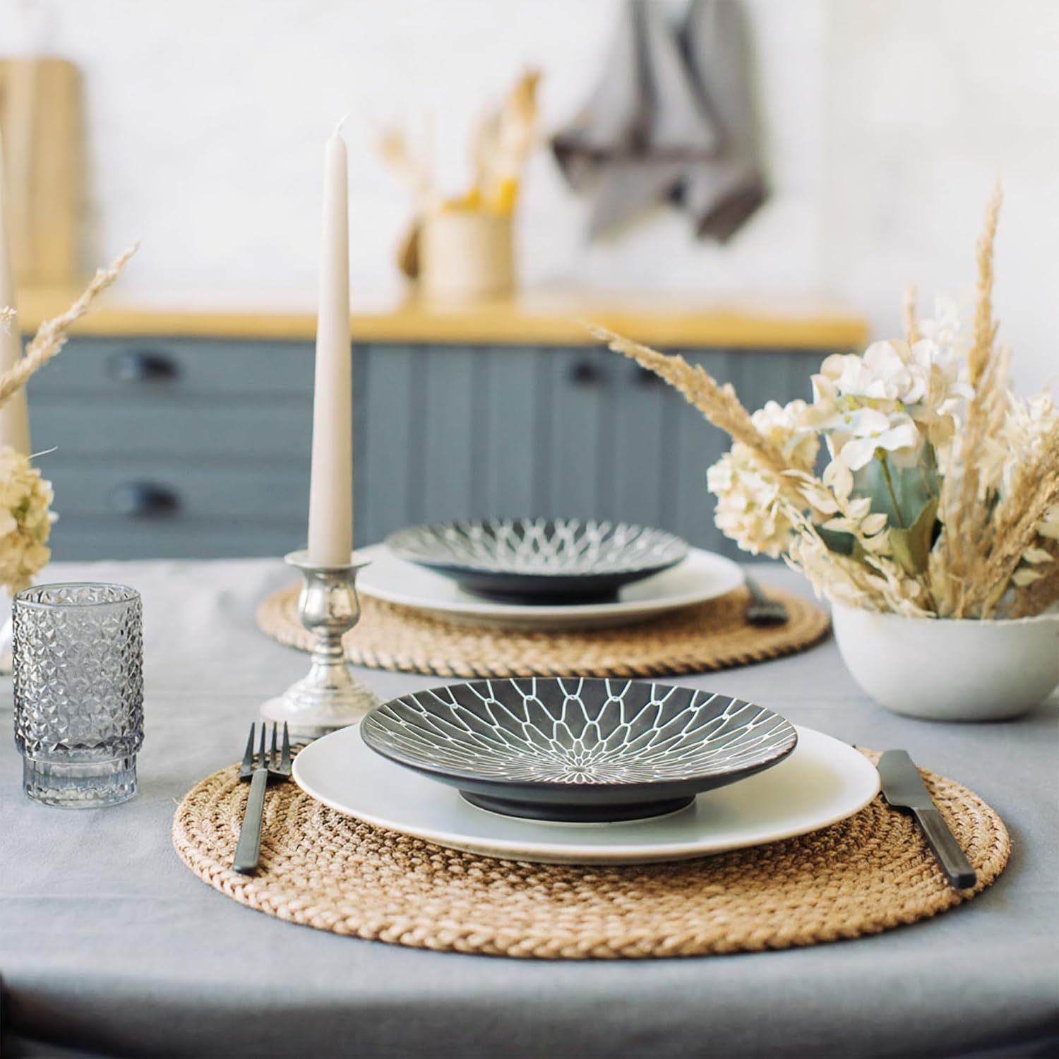 Eco Crave 1 Pack Jute Table Runner and Placemats Set of 6 –13 inch Hand Woven Natural Round Jute Place mat Set of 6 with 1 Table Runner 72’’x12’’, Rustic Heat Resistant Boho Dining Table Protector
