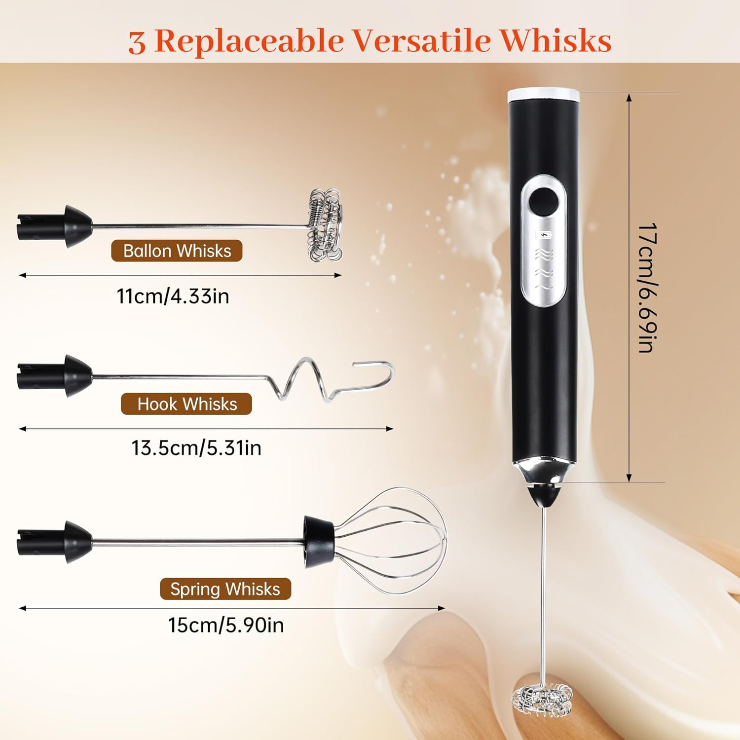 Rechargeable milk frother, removable stainless steel handheld coffee milk frother, equipped with 3 heads and 3-speed settings, direct from the manufacturer for wholesale (100)