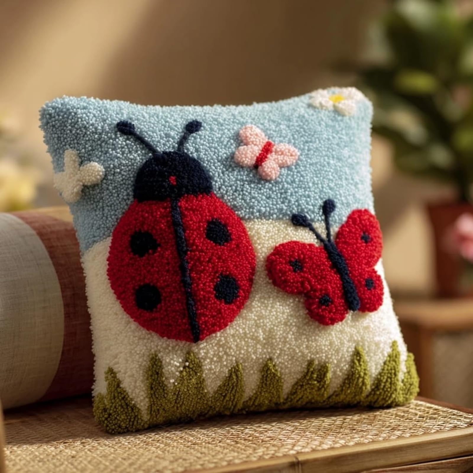 AxiangziK 43x43cm Latch Hook Cushion Making Kit,Ladybugs DIY Latch Hook Pillow Cover kit,Soft Yarn Pillow Set,Ideal Creative Gift for Adults