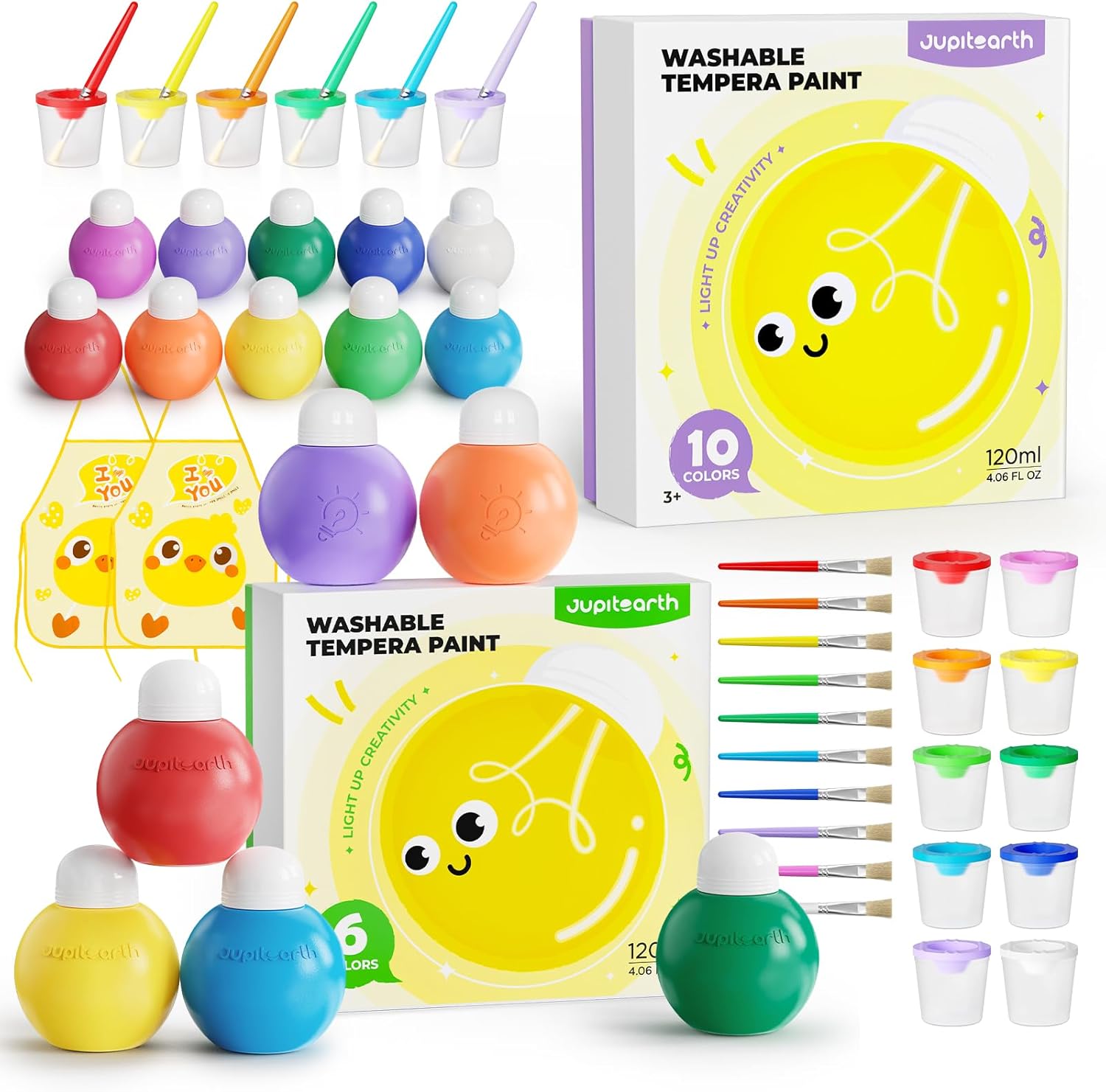 JUPITEARTH 6 Colors + 10 Colors Washable Tempera Paint for Kids, 4.06oz(120ml) Non Toxic Finger Paint for Toddlers, Set Included Brush, Cups, Art Smock
