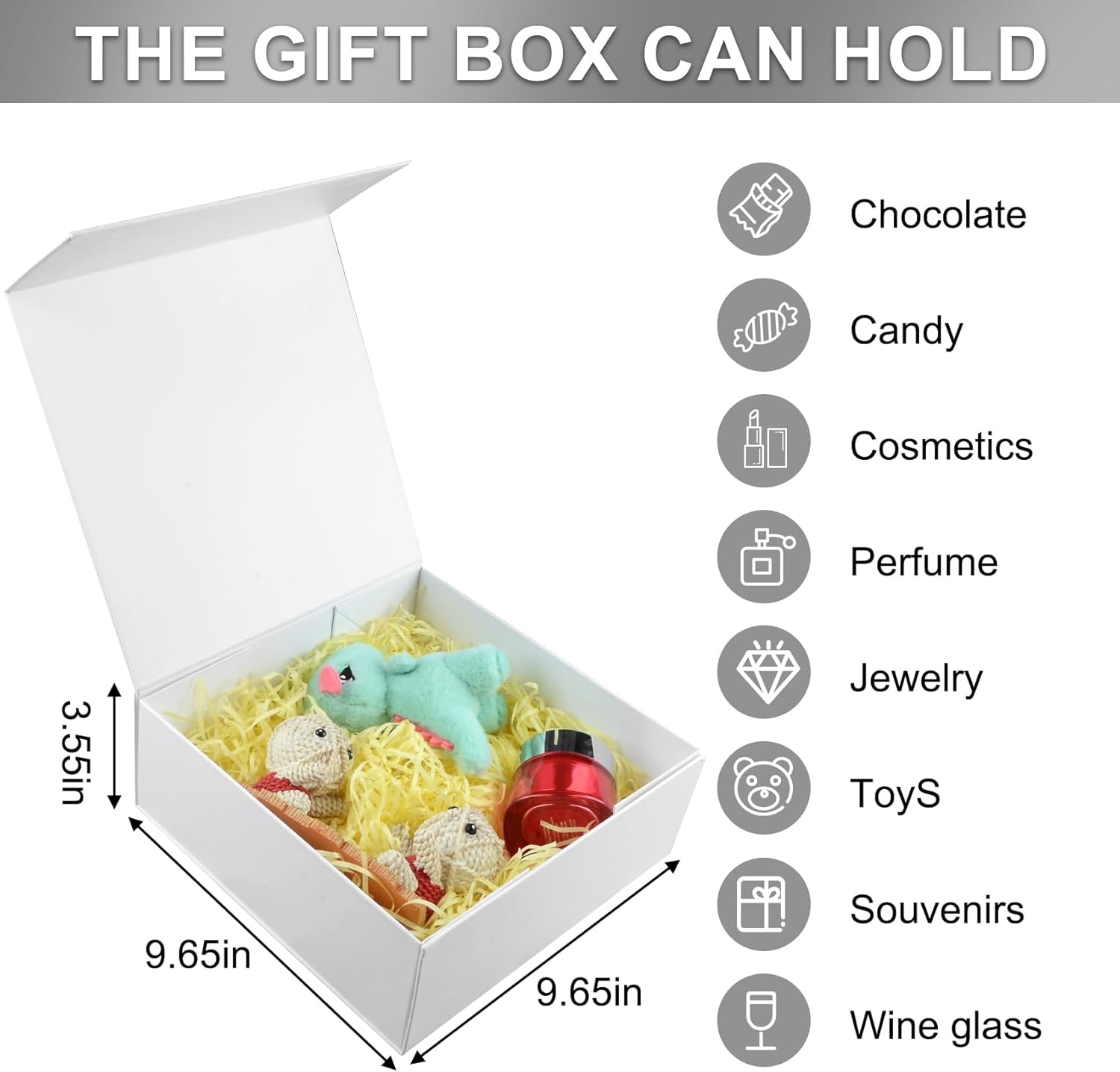 LumyHavver Gift Box 5 Pack 9.65x9.65x3.6 Inches with Magnetic Lid, White Collapsible Box with Ribbon, Raffia Grass, Card for Birthdays, Christmas, or Parties, Gift Packaging