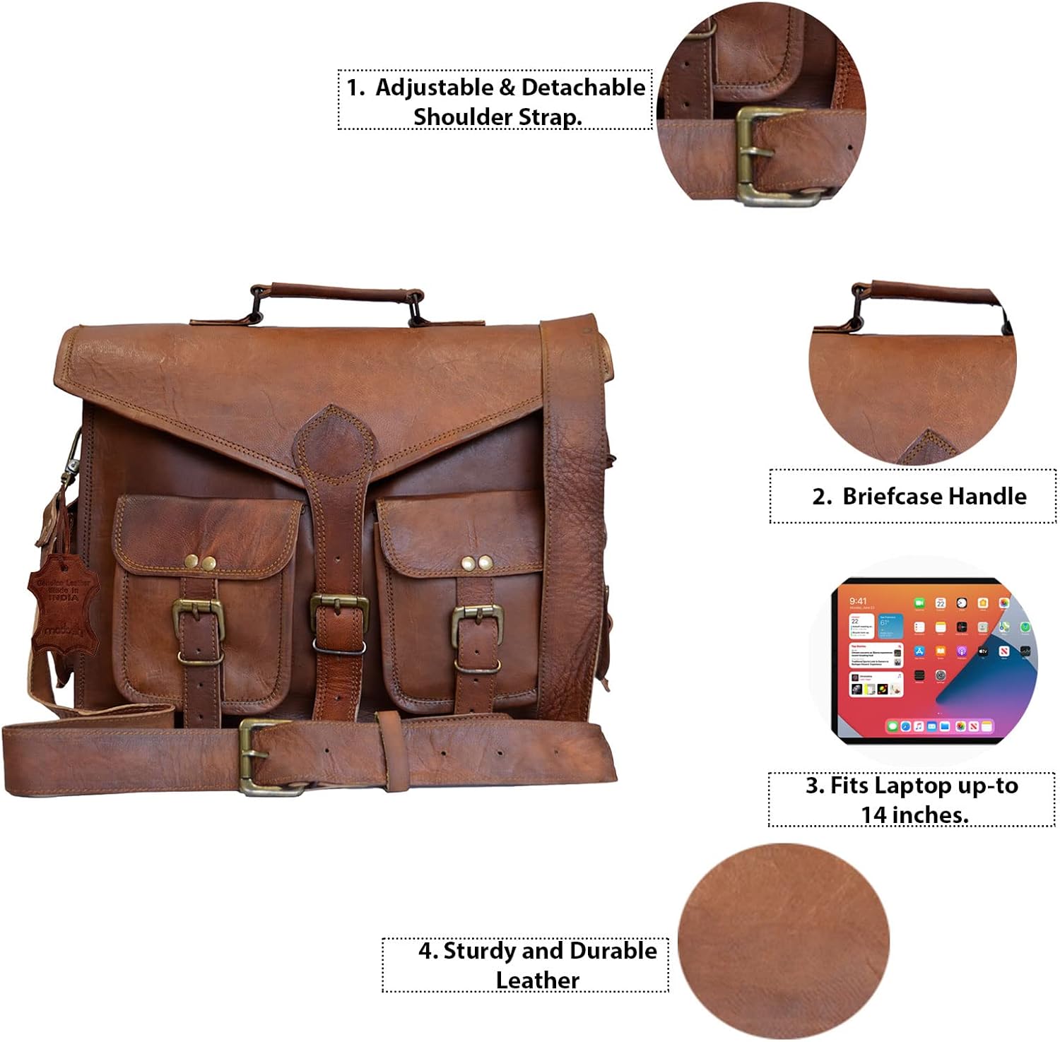 Madosh, Men's Messenger Bag Shoulder Crossbody Briefcase Brown Casual Office Laptop Bag
