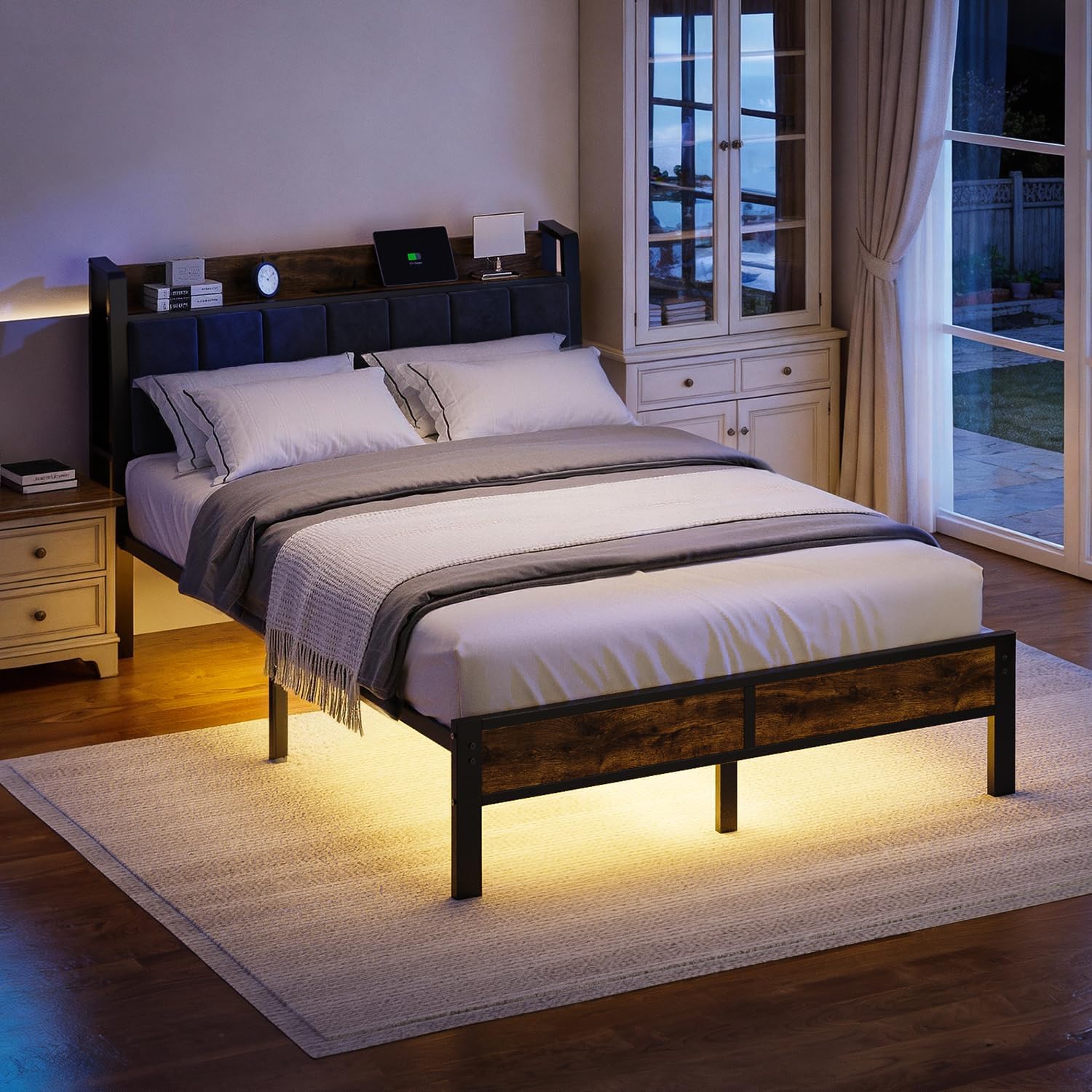 Full Size Bed Frame with Smart LED Light, Wood Storage Charging Station Headboard, Metal Platform Bed, No Box Spring Required, Easy Assembly, Noise Free - Image 7