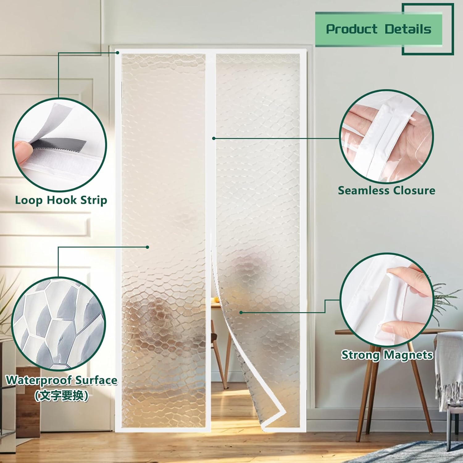 Thermal Insulated Door Screen,Fits Doors up to 34" x 80" Self-Closing Privacy Door Cover Curtain Hands Free for Air Conditioner Room,Kitchen,Bedroom,Keep Cool in Summer