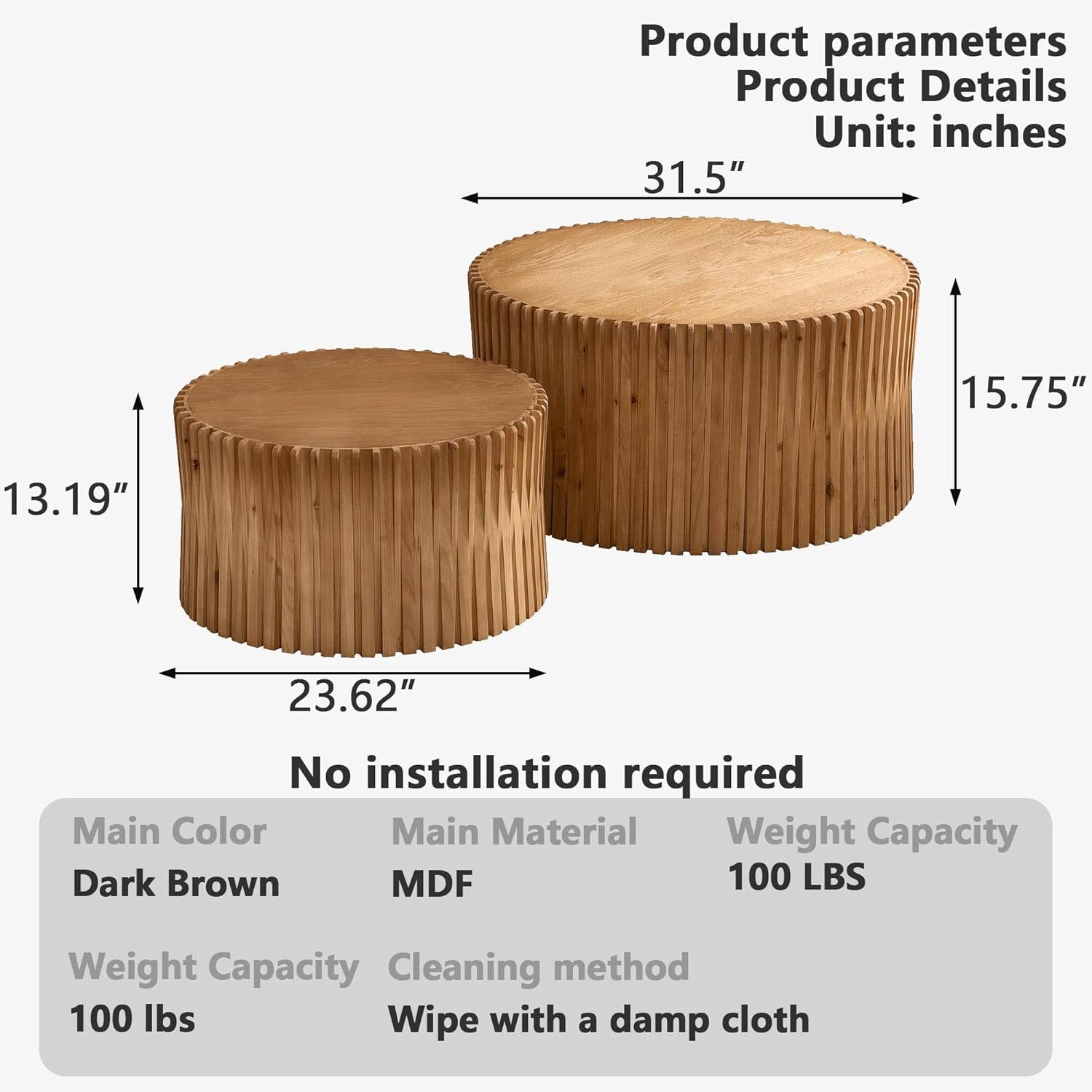 Nesting Coffee Table Set of 2, Vertical Stripe Design Wood Drum Coffee Table, End Table, Round Side Table for Living Room, Bedroom, Natural