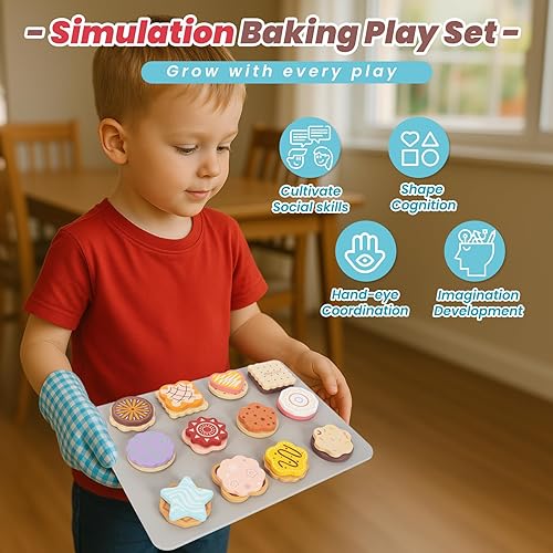 Miniatura 5 de Slice and Bake - Juego de comida de madera para niños, juguetes de cocina, accesorios de comida para niños pequeños, juego de hornear para niñas de