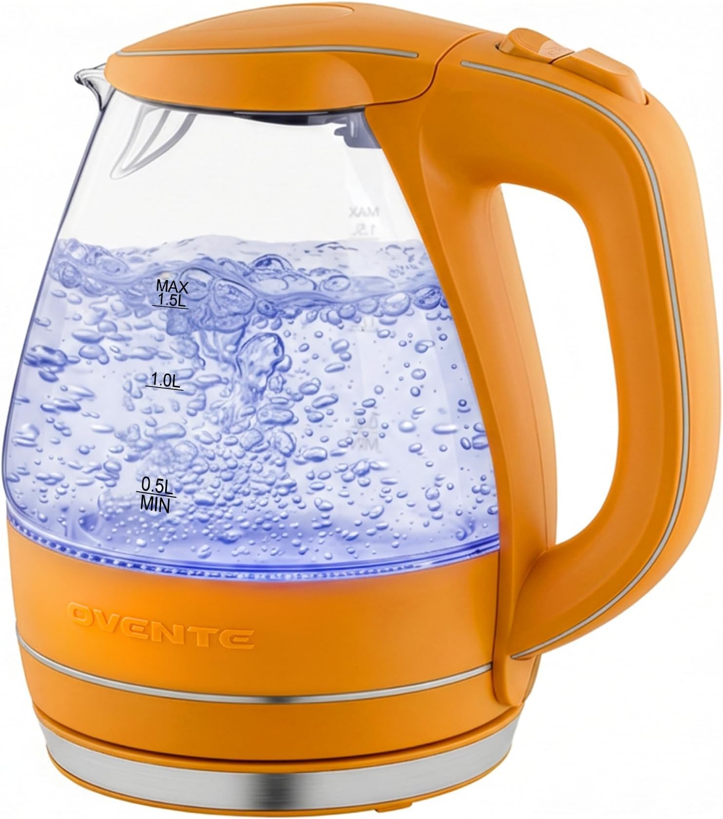 Electric Kettle, 1.5L Borosilicate Glass Countertop Water Heater and Boiler for Coffee or Tea, BPA-Free, Auto Shut-Off, Boil-Dry Protection, Removable and Washable Spout Filter, Orange KG83O