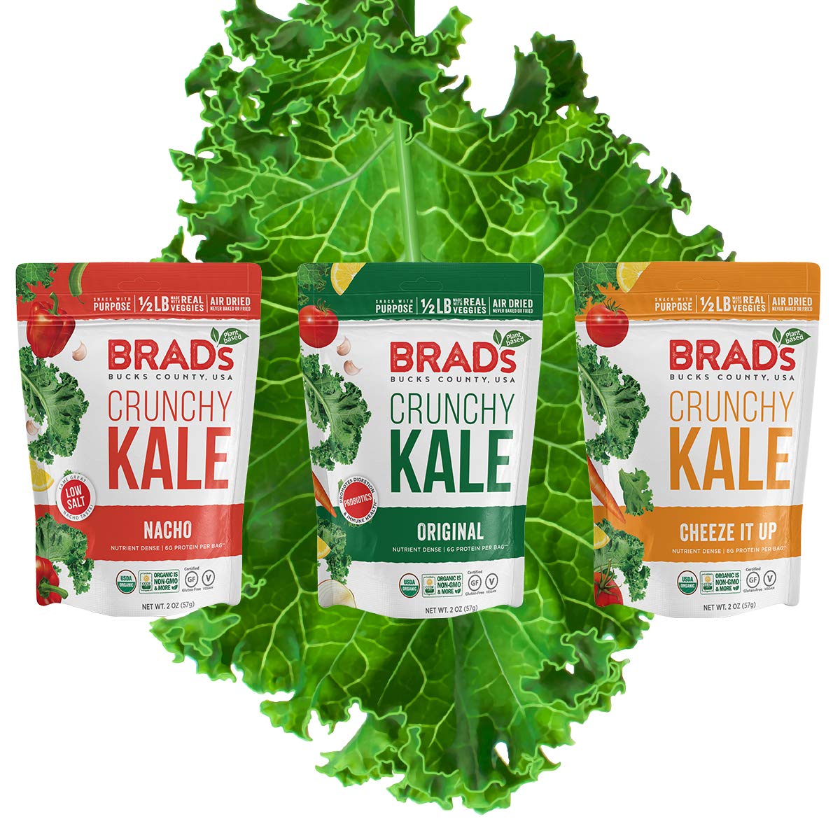 Brad's Plant Based Organic Crunchy Kale, Variety Pack, (Nacho, Cheeze It Up