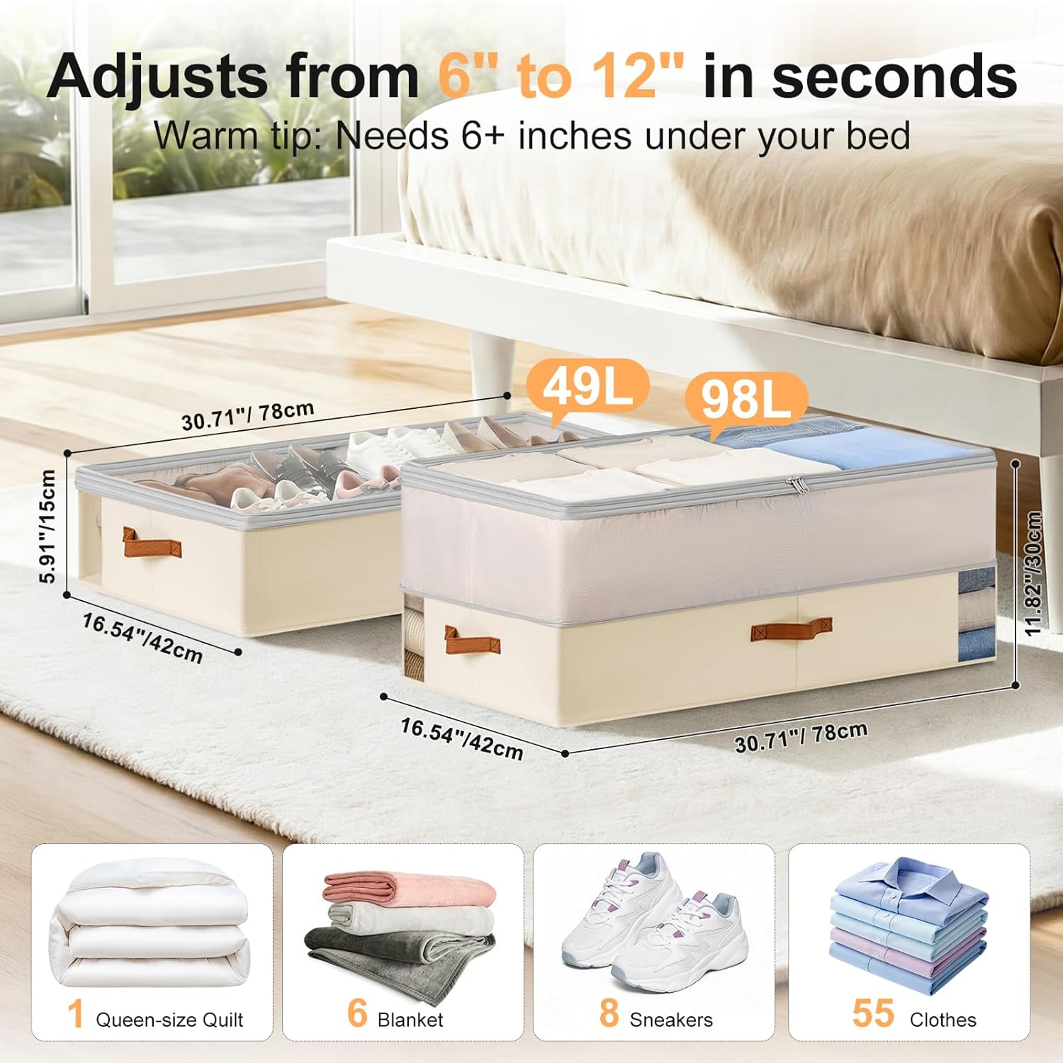 Under Bed Storage Bins - 98L Height-adjustable Under Bed Storage Containers, Compression Blanket Storage Comforter Storage Sweater Storage, Clothes Storage Bins With Clear Window, 3 Pack Beige