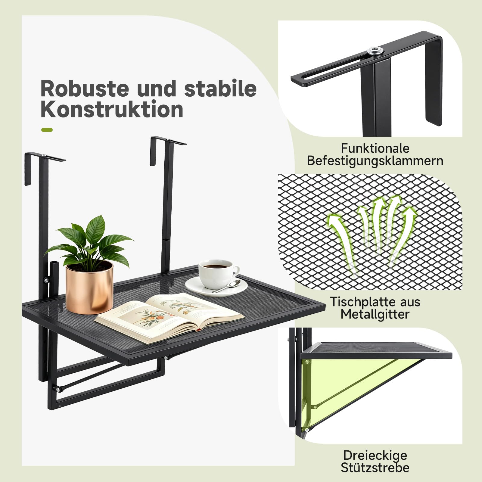 papasbox Table de balcon pliable - 60 x 40 cm - Réglable en hauteur sur 5 niveaux - Table suspendue pour balcon et terrasse
