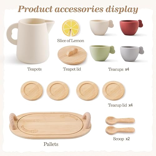Miniatura 8 de Juego de té para niños, juego de té de madera para niñas y niños, accesorios de cocina para niños, juego de té apto para lavavajillas, juego de té